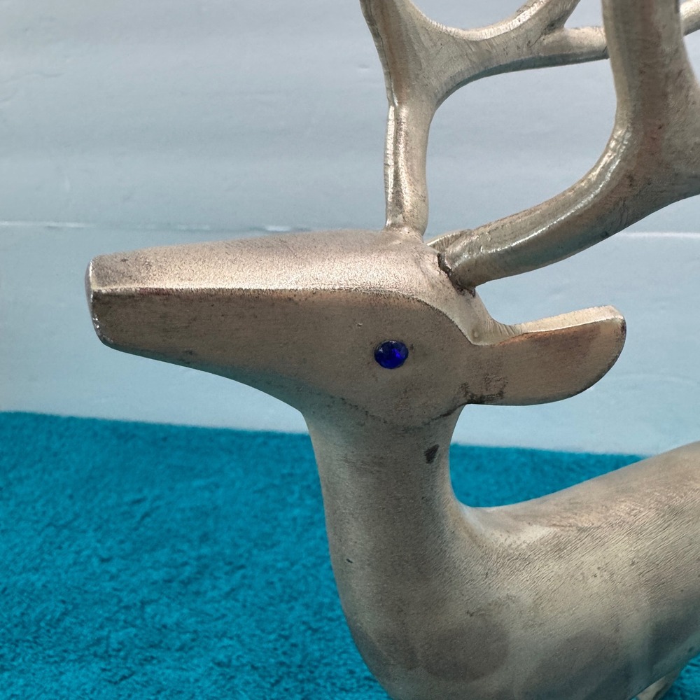 Vintage Silver Metal Reindeer Candelabra 6 Antler Taper Candle Holder Blue Eyes - Picture 9 of 12